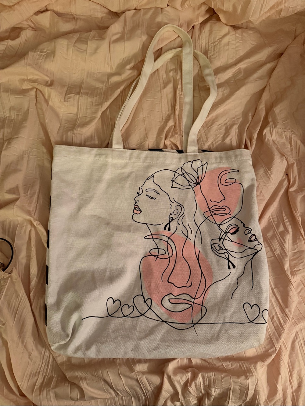 Canvas Tote Bag with Abstract Line Art - Cream/Pink Breast Cancer Awareness